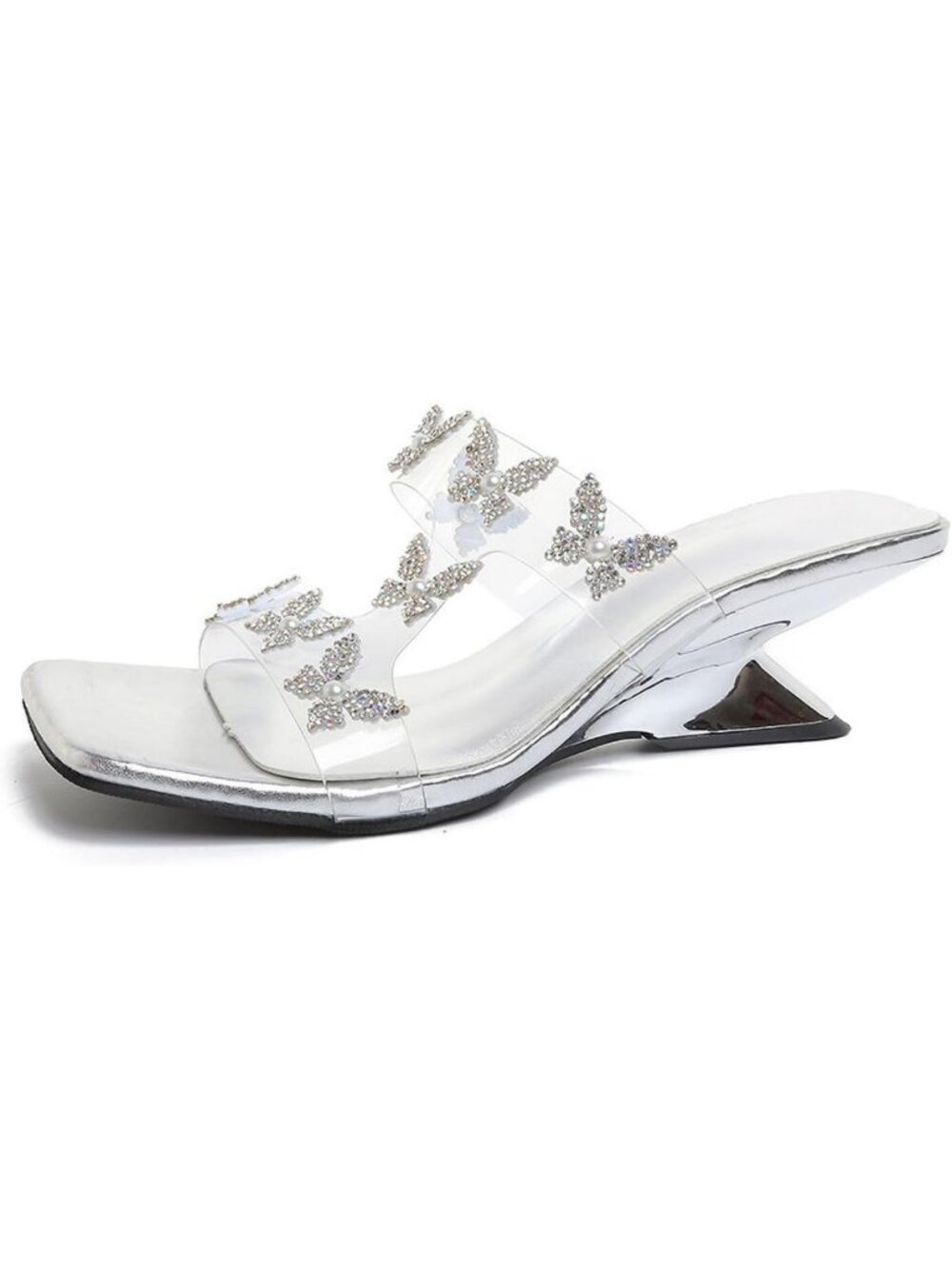 Rhinestone Butterfly Wedge Sandals - Square Toe Low Heel Mule Slides for Women